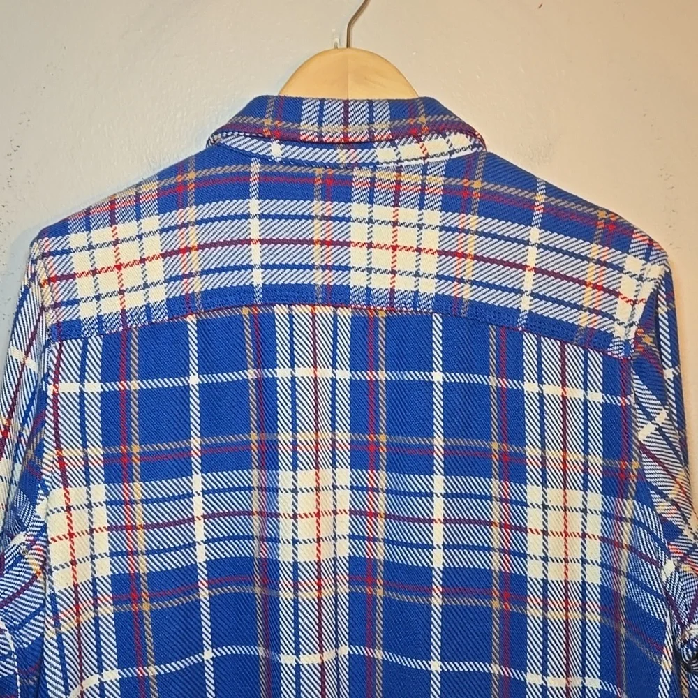 L.L. Bean Blue Plaid Button Front Knit Cotton Pocket Shirt Shacket NWOT